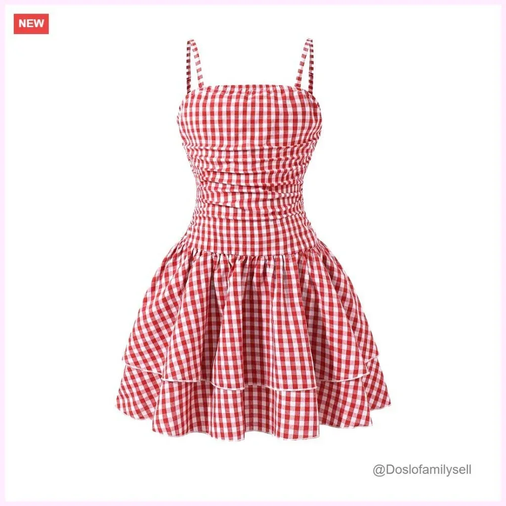 Girl's Summer Cami Short Dress Spaghetti Strap Ruched Layered Ruffle